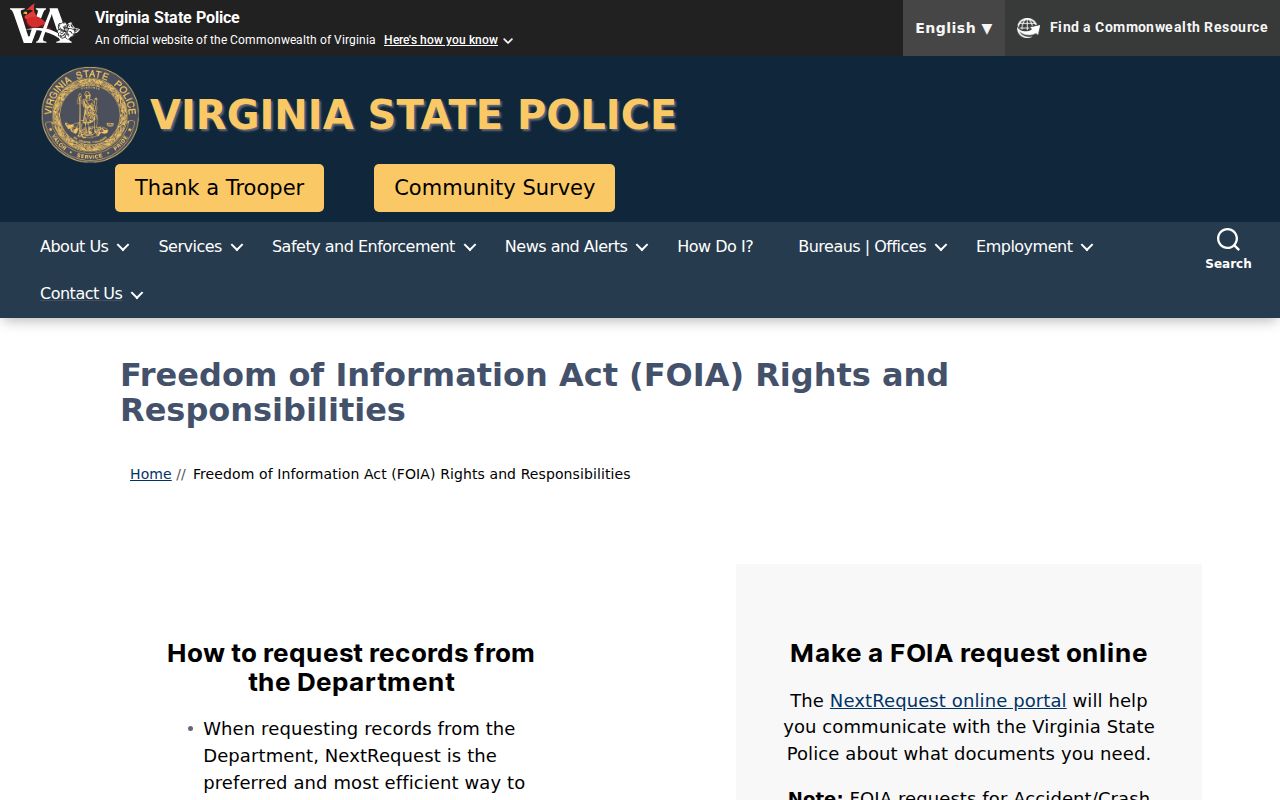 Lee County arrest history Virginia State Police FOIA guidance