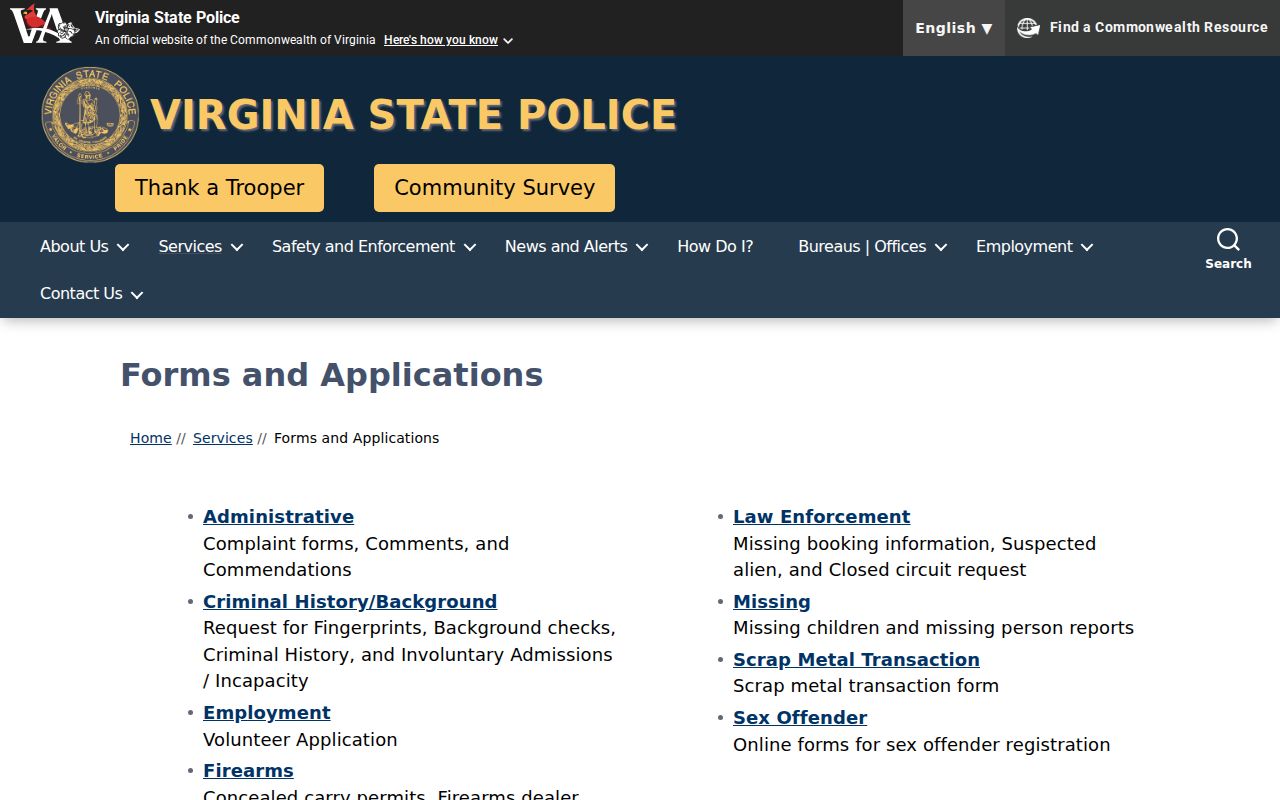 Lee County criminal history forms on the Virginia State Police website